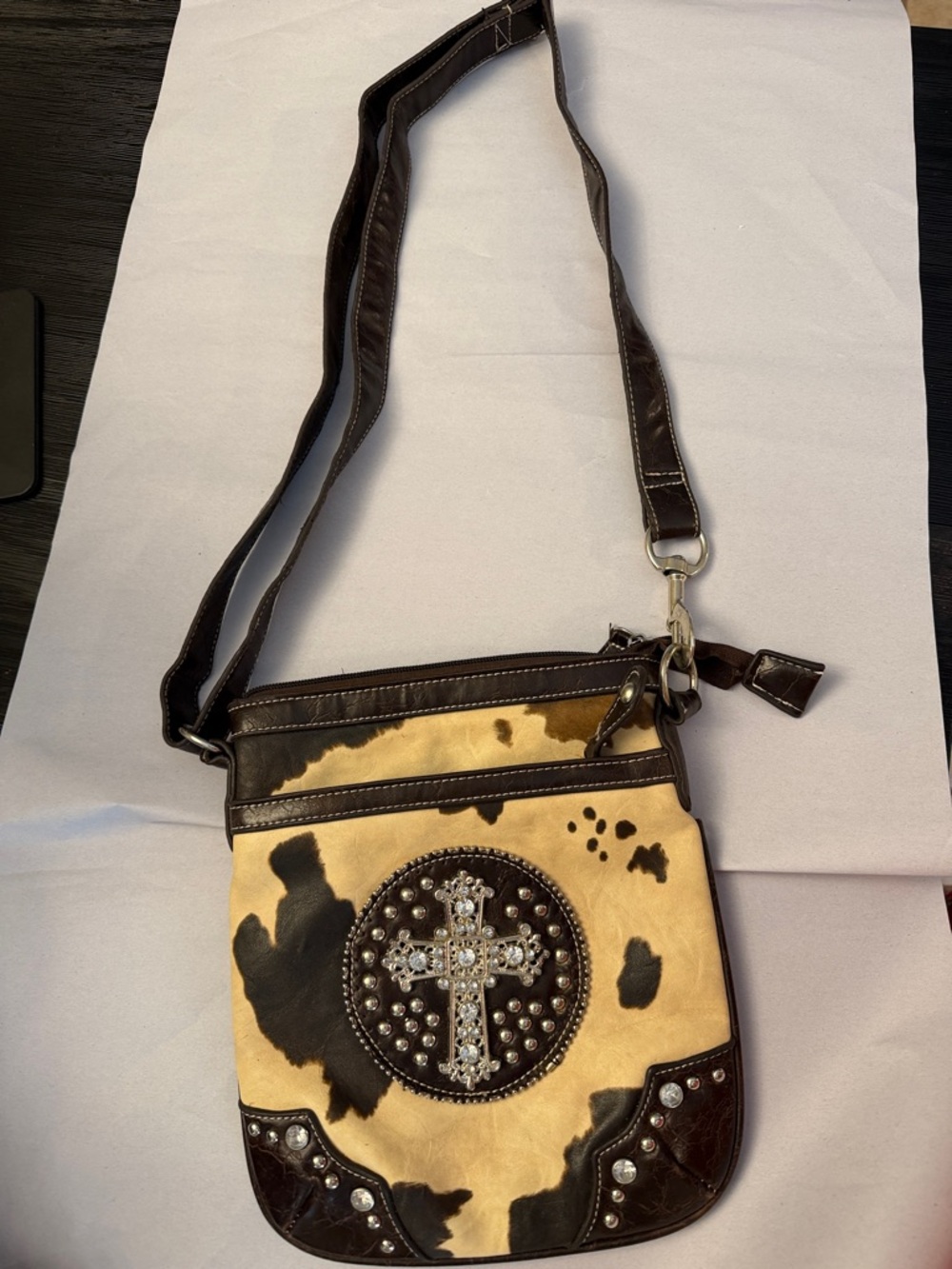 Cowhide Cross Studded Crossbody Bag - Brown & Cream